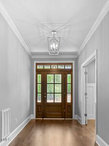 A hallway with light-colored walls and hardwood floors leads to a wooden front door with glass panels. The door has sidelights and transom windows. A modern ceiling light fixture hangs above.