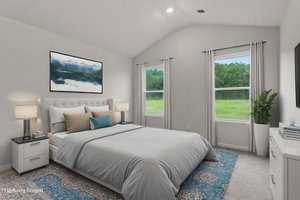 A modern bedroom with a large bed, gray bedding, two nightstands with lamps, two windows showing greenery outside, a blue-patterned rug, a wall-mounted TV, and a landscape picture above the bed.