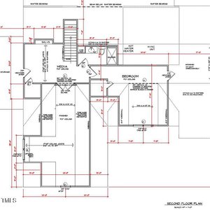 Architectural floor plan of a second floor showing a media room, bedroom, HVAC closet, storage, bathroom, and stairway. Room dimensions, wall lengths, and notes are marked in red text and lines.