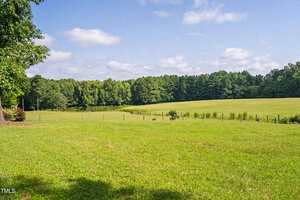 A grassy field bordered by a wooden fence, with a line of trees in the background under a partly cloudy blue sky. The landscape is open and gently rolling.