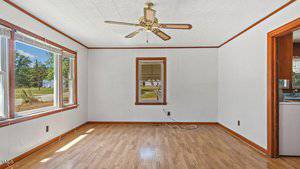 Empty room with light wood flooring, white walls, wood trim, a ceiling fan, and two windows; one window has blinds, and the other shows a view of a street and trees outside. An open doorway leads to a kitchen.