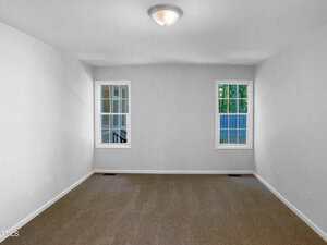 A rectangular, empty room with white walls, beige carpet flooring, two windows on one wall, and a ceiling light fixture. The windows show a view of greenery and a fence outside.