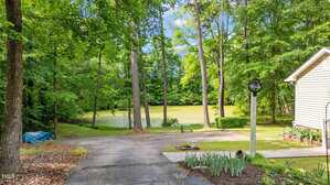 A paved driveway leads to a small pond surrounded by trees. Part of a house and a lamppost are visible on the right side, with grass, plants, and shrubs lining the driveway.