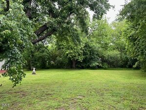 A grassy yard at 106 Summitt Avenue, Oxford is bordered by dense green trees under a cloudy sky. On the left side of the lawn, a tree stump and a small pedestal or birdbath are visible.
