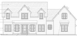 Architectural drawing of a two-story house at 1220 Red Cedar Court in Youngsville, featuring three dormer windows, a covered front porch, multiple windows with shutters, and an attached section on the right side.