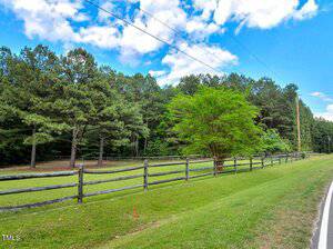 A two-rail wooden fence runs alongside a grassy roadside, with a row of tall pine trees and leafy green trees behind the fence under a partly cloudy blue sky. Power lines run parallel to the road.