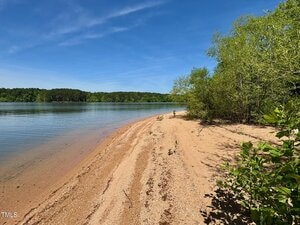 A sandy shoreline curves along a calm lake with clear water. Green trees and bushes grow close to the shore under a blue sky with scattered clouds. The area appears quiet and natural.