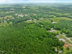 Aerial view of a rural landscape with dense forest in the foreground, scattered houses, roads, and open fields in the background under a cloudy sky.