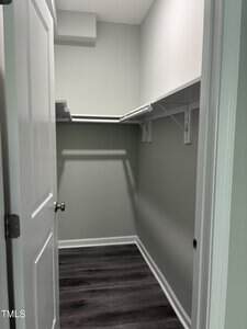 A small walk-in closet with light gray walls, white trim, and dark wood flooring. White shelving and hanging rods are installed on the left and back walls. The door is partially open.
