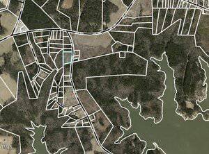 Aerial view of a rural area with irregularly shaped land parcels outlined in white, forested regions, open fields, and a body of water with an irregular shoreline on the right side of the image.
