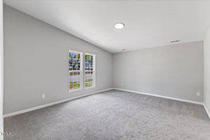 A spacious, empty room with light gray walls, a beige carpet, two rectangular windows, a ceiling light, and visible electrical outlets along the walls.