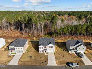 Aerial view of three suburban houses with driveways and lawns, facing a street. Behind the houses is a dense forest with a mix of pine trees and deciduous trees, under a partly cloudy sky.