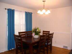 A dining room with a dark wood table and six matching chairs, a potted plant centerpiece, blue curtains on a window, light-colored walls, and a ceiling light fixture with five bulbs.