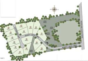 A site map showing a residential development with labeled lots, streets named Cottondale Lane and Bennett Grove Drive, open space areas, trees, and a compass indicating north; Woodland Church Road runs along the right side.