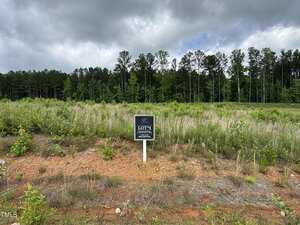 A grassy, undeveloped plot of land with sparse vegetation and a mix of dirt and grass. A sign in the center reads "Lot 14." Dense trees form a wooded background under a cloudy sky.
