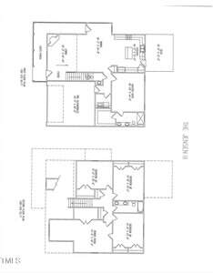 Black and white floor plan labeled "THE JENSEN VIII" showing two levels. The first floor includes a garage, kitchen, living room, dining area, two bedrooms, and two baths. The second floor has three bedrooms and one bath.