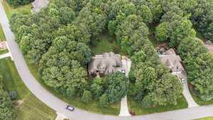 Aerial view of a suburban neighborhood showing two houses with driveways surrounded by dense trees, curved roads, and well-maintained lawns.