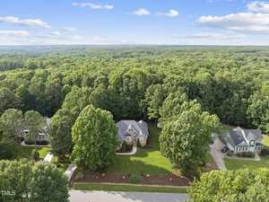 Aerial view of three single-family homes with large front lawns and driveways, surrounded by dense green trees and forest under a blue sky with scattered clouds.