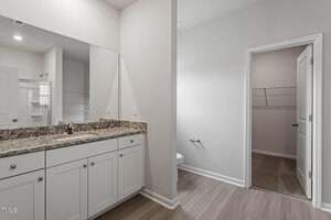 A bathroom with a granite countertop double vanity, white cabinets, and a large mirror. The room leads to a toilet area and a walk-in closet with shelving. Light-colored walls and flooring throughout.