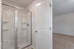 A bathroom with a glass-enclosed shower featuring built-in shelves, next to a closed white door, with a view of a carpeted room beyond.