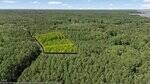 Aerial view of a densely wooded area with an irregularly shaped section outlined in orange to highlight a specific plot of land on 0 Pool Rock Plantation Lane, Henderson. Surrounding the plot are trees and a distant view of a large body of water.