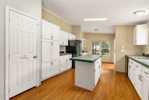 A spacious kitchen with white cabinets, green countertops, a black refrigerator, a pantry door, wood flooring, and a windowed door leading to an outdoor area. Ceiling lights provide additional illumination.