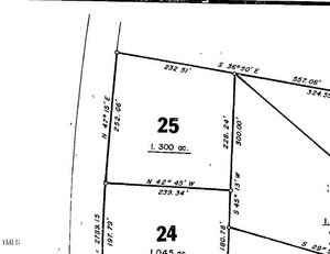 A black and white map section showing plot 25, labeled as 1.300 acres, with boundary lines, measurements, and adjacent plot 24. Directions and lengths are marked along each border.