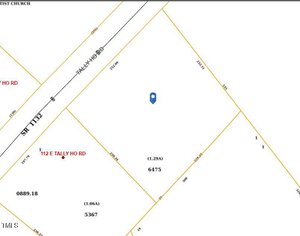A map showing intersecting property lines with parcel numbers, road names, and a blue location marker placed on parcel 6475, near 112 E Tally Ho Rd and SR 1132. Adjacent parcel numbers are also labeled.