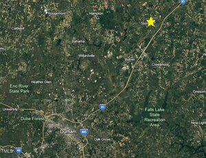 A satellite map shows Durham, North Carolina, with surrounding areas labeled. Interstate 85 runs diagonally. A yellow star marks the area labeled "Stem" northeast of Durham, near Falls Lake State Recreation Area.