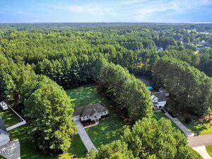 Aerial view of a suburban neighborhood bordered by dense forest; two houses with driveways and large lawns are visible, surrounded by tall trees under a blue sky with scattered clouds.
