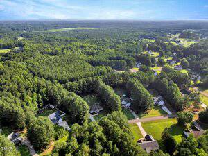 Aerial view of a suburban neighborhood surrounded by dense green forests, with houses, lawns, and roads visible among the trees under a blue sky with scattered clouds.
