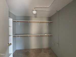 A small, empty closet with light gray walls, two long white shelves with wooden supports, a beige carpeted floor, and an exposed light bulb on the ceiling. A white door is partially visible on the left.
