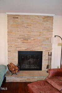 A stone fireplace with a black metal screen sits on a raised hearth. Firewood and tools are on the left, beside a green blanket. A brown leather chair and a floor lamp are on the right.