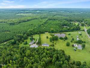 Aerial view of a rural landscape with several houses, a large pond, open grassy fields, and dense forests. A road runs along the right side, and the horizon is filled with green tree cover under a blue sky.