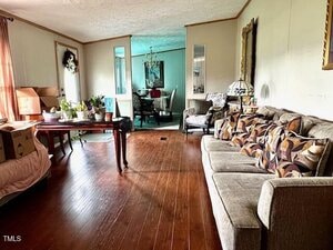 A living room with wood flooring features a beige sofa with patterned pillows, a table with potted plants, a chair, and large mirrors on the wall. The dining area is visible in the background through a wide doorway.