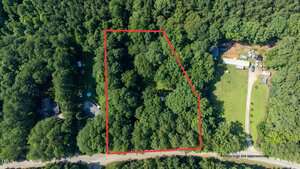 Aerial view of a wooded area outlined in red, showing dense green trees with a road at the bottom and a few buildings visible near the right and left edges of the image. Text in the corner reads "Renderings are approximate.
