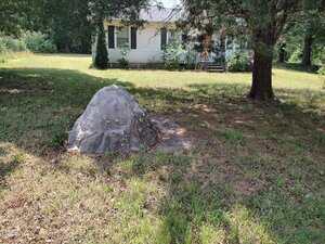 A large artificial rock covers something in a grassy yard with patches of sunlight, with a white house, bushes, and trees in the background.
