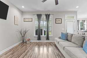 A living room with wood floors, a light gray couch with blue pillows, gray curtains on two windows, wall art, a vase with branches, and a basket. A door and dining area are visible in the background.
