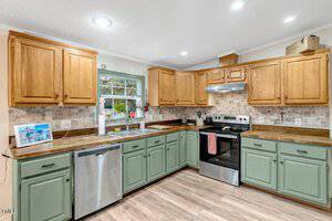 A kitchen with light wood upper cabinets, green lower cabinets, stainless steel appliances, a tile backsplash, a double sink under a window, and wood-look flooring. A framed photo and dish soap are near the sink.