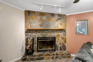 A stone fireplace with a wooden mantel and a black metal firewood holder stands in a corner of a room with light-colored walls and a framed picture above a gray couch.
