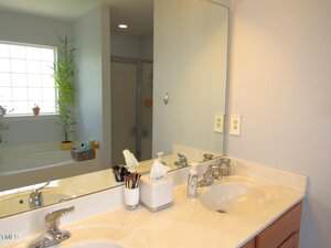 A bathroom with a double sink vanity, a large mirror, and various toiletries on the counter. In the background, there is a bathtub near a window with plants, and a glass-enclosed shower.