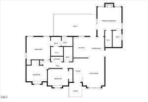 A black and white floor plan of a house shows four bedrooms, three bathrooms, a living room, dining area, kitchen, laundry room, foyer, hall, porch, deck, and two walk-in closets labeled "W.I.C.