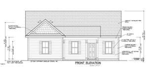 Black and white architectural drawing of a single-story house front elevation at 129 Daniel Street, Oxford, with a gable roof, central front door, and two sets of double windows; labeled construction details and measurements included.