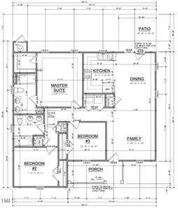 Black and white architectural floor plan showing a single-story home with a master suite, two additional bedrooms, two bathrooms, kitchen, dining area, family room, porch, and rear patio. Doors, windows, and measurements are labeled.
