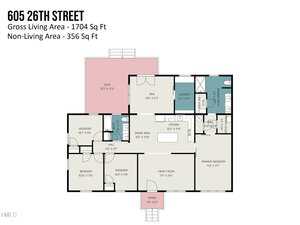 Floor plan for 605 26th Street showing labeled rooms, including three bedrooms, two bathrooms, kitchen, dining area, family room, laundry, deck, and porch. Gross living area is 1,704 sq ft; non-living area is 356 sq ft.