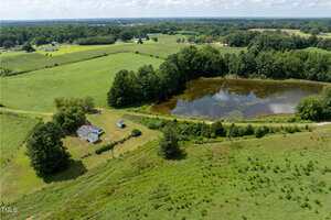 An aerial view of a rural landscape shows a small house, a pond with trees around it, open grassy fields, and distant homes scattered among patches of farmland and greenery under a partly cloudy sky.