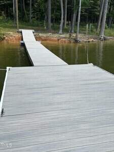 A gray wooden dock extends from the water to the shore, ending at a forested area with tall trees and orange-brown soil visible near the water's edge.