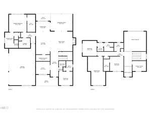 Black and white floor plan of a two-story house showing rooms labeled such as kitchen, dining, laundry, family room, bedrooms, bathrooms, office, primary bedroom, and garage. Measurements are included for each room.