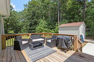 A wooden deck with black outdoor furniture and a patterned rug, next to a covered grill. A storage shed and dense green trees are in the background, under a partly cloudy sky.