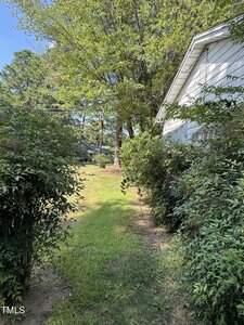A narrow grass path runs alongside a white house, bordered by tall bushes and trees, leading to a sunlit, open yard with more trees in the background.